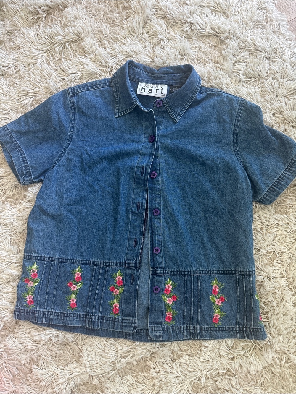 KEREN Hart Blue Denim Embroidered Floral Short Sleeve Shirt Size 8 Cottagecore